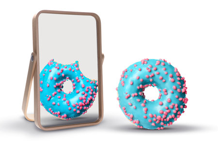 Whole donut reflecting in mirror as bitten, white background. Opposite, contrast, differenceの写真素材