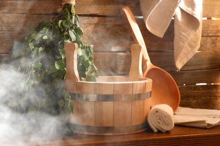 Sauna equipment. Bucket, ladle, and towels in steamの写真素材