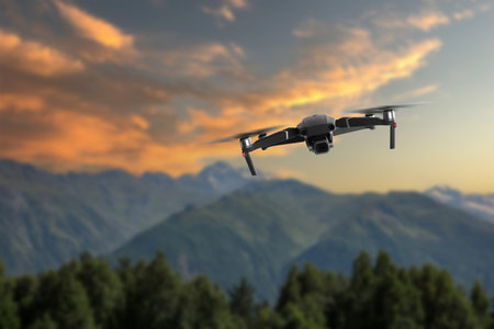 Drone with camera flying in mountains. Unmanned aerial vehicle for surveillanceの写真素材