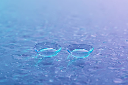 Pair of contact lenses and water drops on color gradient mirror surface, closeupの写真素材