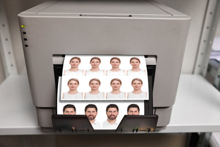 Modern printer with passport photos of man and woman indoors, closeupの写真素材