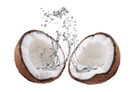 Coconut water splashing out of nut on white backgroundの写真素材