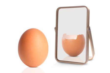 Whole egg reflecting in mirror as cracked, white background. Opposite, contrast, differenceの写真素材