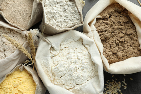 Different types of flour in bags on gray table, flat layの写真素材