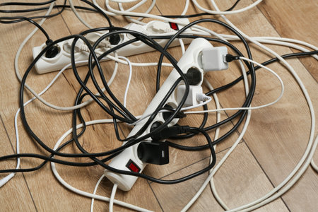 Extension power boards overloaded with plugs on wooden floor