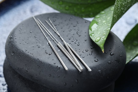 Acupuncture needles, wet spa stones and leaves on blue tray, closeupの写真素材