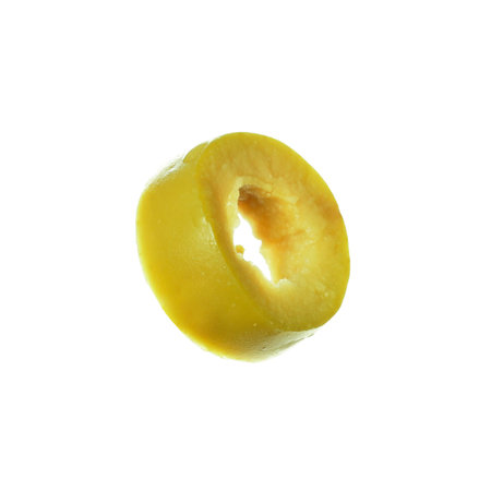 Slice of marinated green olive isolated on whiteの写真素材