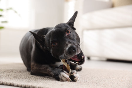 Cute dog chewing bone on floor at home, space for textの写真素材