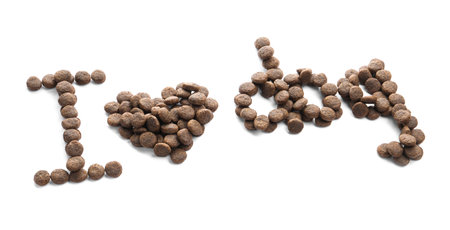 Phrase I love dog made of dry pet food isolated on white