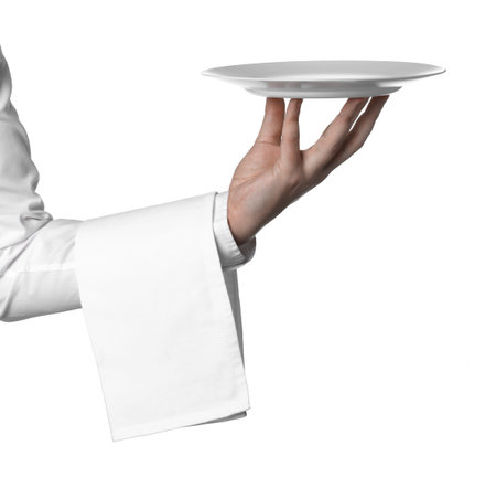 Man with empty plate and napkin on white background, closeupの写真素材