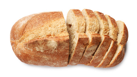 Pieces of fresh bread isolated on white, top view