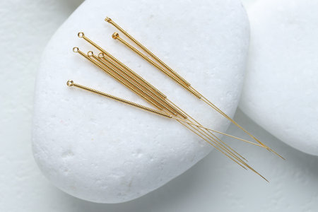 Acupuncture needles and pebble stone on light table, top viewの写真素材