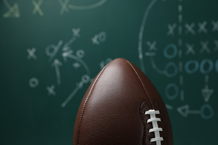 American football ball against blurred game scheme, closeupの写真素材