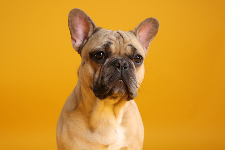 Adorable French bulldog dog on yellow backgroundの写真素材