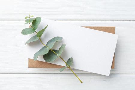 Blank card and eucalyptus branch on white wooden table, top viewの写真素材