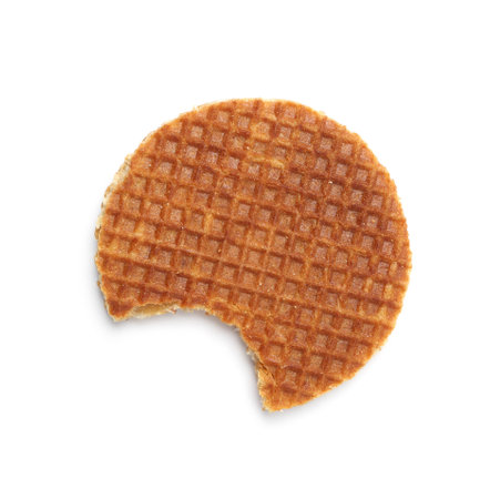 Bitten round waffle isolated on white, top viewの写真素材