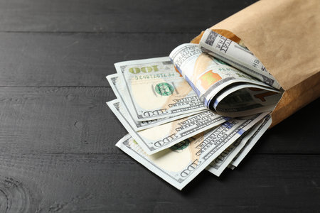 Paper money bag with dollar banknotes on gray wooden table, closeup. Space for textの写真素材