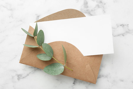 Blank card and eucalyptus branch on white marble background, flat layの写真素材