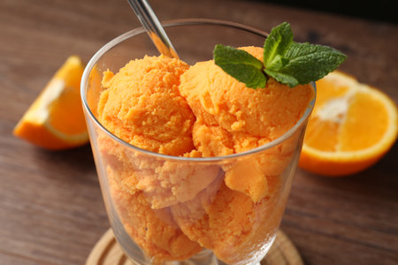 Balls of tasty orange sorbet in dessert bowl, fresh fruit and mint on wooden table, closeupの写真素材