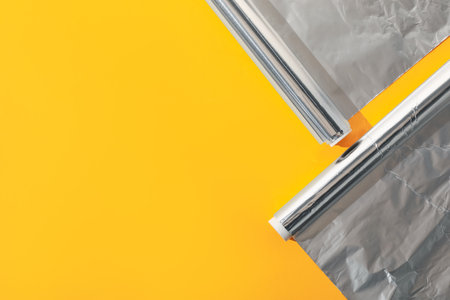 Rolls of aluminum foil on orange background, flat lay. Space for textの写真素材