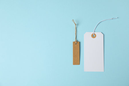 Blank tags with strings on light blue background, flat lay. Space for textの写真素材