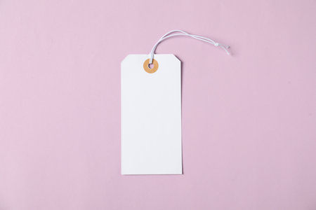 Blank tag with string on pale violet background, top viewの写真素材