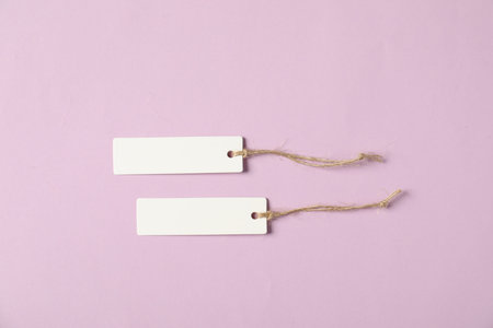 Blank tags with strings on pale violet background, flat layの写真素材