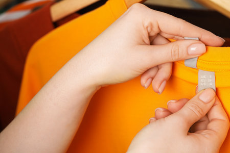 Woman holding clothing label of orange garment, closeupの写真素材