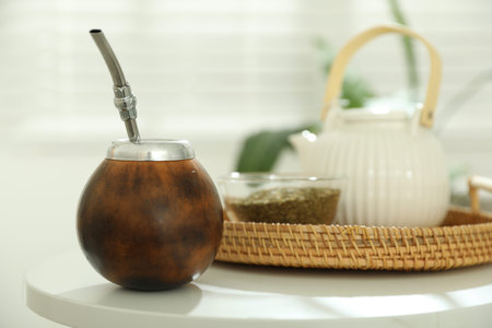 Traditional yerba mate tea on white table indoorsの写真素材