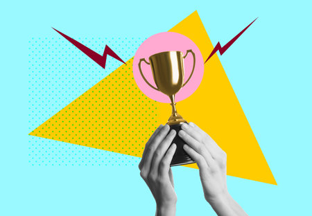 Golden trophy cup in man's hands on color background, creative collage