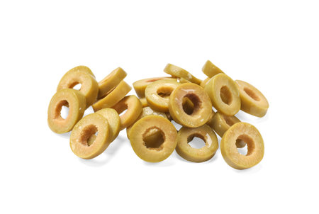 Marinated green olive rings isolated on whiteの写真素材