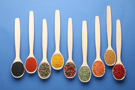 Different aromatic spices in spoons on blue background, flat layの写真素材