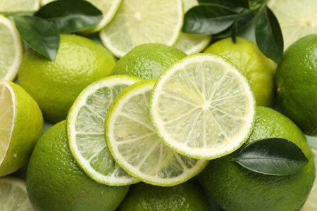 Fresh ripe limes and leaves as background, closeup