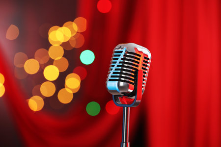 One vintage microphone against red curtain, space for text. Bokeh effectの写真素材