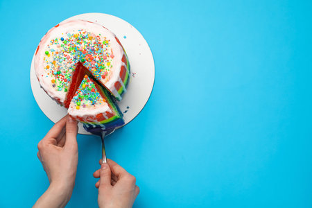 Woman taking piece of delicious rainbow cake with spatula at light blue table, top view. Space for...