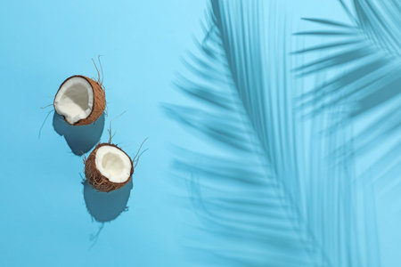 Fresh coconut and shadow cast by tropical palm on light blue background, top view. Space for text