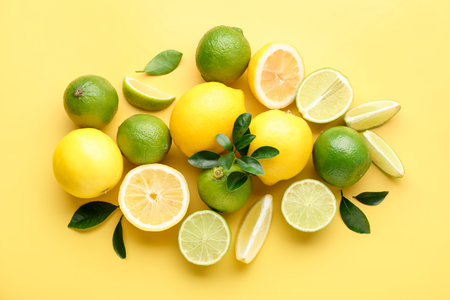 Fresh ripe lemons and limes on yellow background, flat layの写真素材