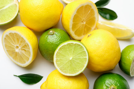 Fresh ripe lemons and limes on white background, closeupの写真素材