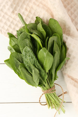 Bunch of fresh green sorrel leaves on white wooden table, top viewの写真素材