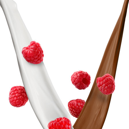 Chocolate and milk flows with raspberries in air on white backgroundの写真素材