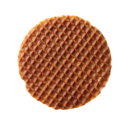 One tasty Dutch waffle isolated on whiteの写真素材