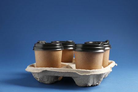 Paper coffee cups in cardboard holder on blue background. Space for text
