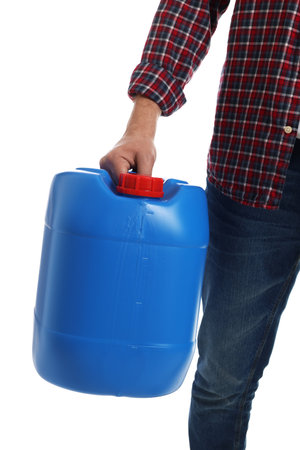 Man holding plastic canister on white background, closeupの写真素材