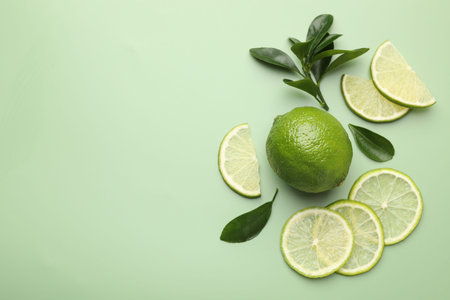 Fresh limes and leaves on pale green background, flat lay. Space for text