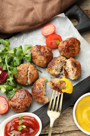 Tasty patties, tomato, spinach, mustard and ketchup on wooden table, flat lay