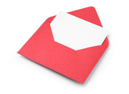 Blank greeting card in red envelope on white background, above viewの写真素材