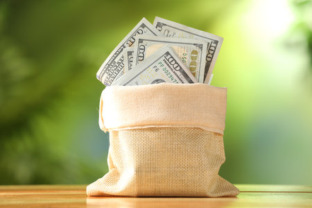 Money bag with dollar banknotes on wooden table against blurred green background, closeupの写真素材