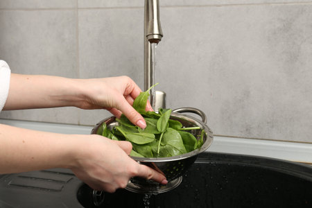 Woman washing fresh sorrel leaves under tap water above sink, closeup