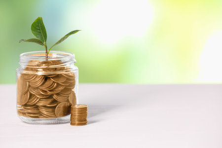 Investment concept. Glass jar with coins and sprout on light table against blurred green background,...