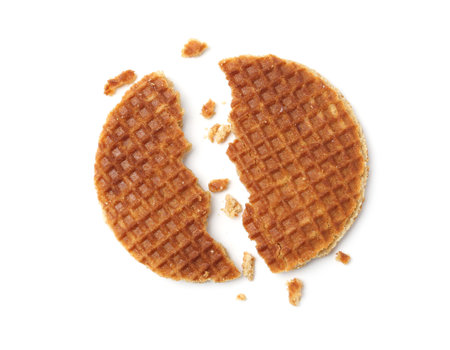 Pieces of tasty round waffle isolated on white, top viewの写真素材